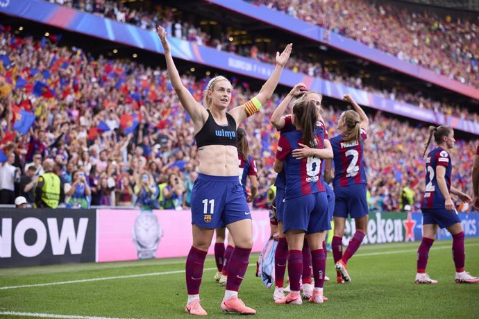 Alexia Putellas of FC Barcelona celebrates after scoring goal during the UEFA Women's Champions League 2023/24 Final match between FC Barcelona and Olympique Lyonnais at San Mames on May 25, 2024, in Bilbao, Spain.
