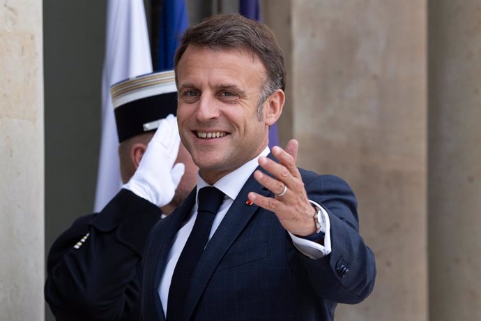 May 17, 2024, Paris, France, France: France s  President Emmanuel Macron welcomes Denmark s Prime Minister before a meeting at the Elysee Presidential Palace.