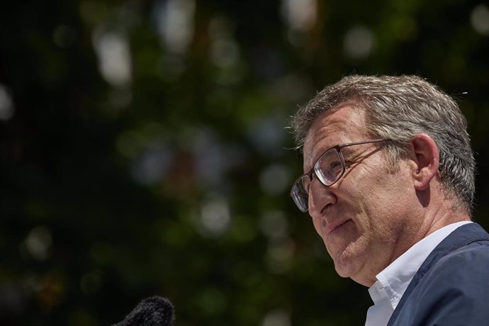 El presidente del Partido Popular, Alberto Núñez Feijóo, durante una manifestación del PP, en la Puerta de Alcalá, a 26 de mayo de 2024, en Madrid (España). 