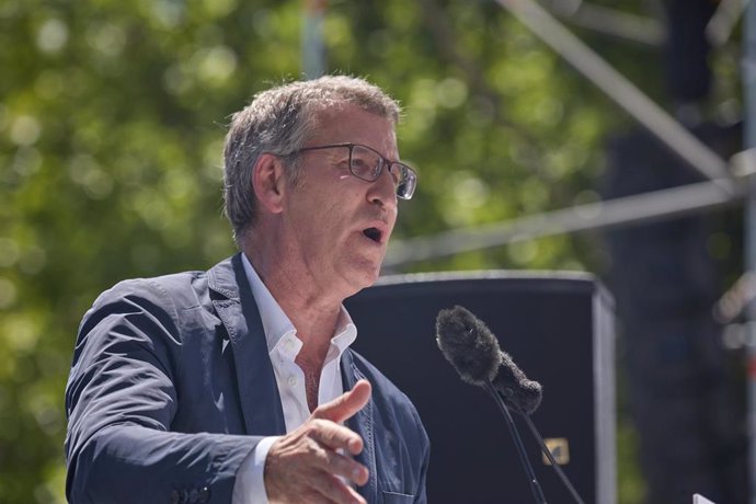 El presidente del Partido Popular, Alberto Núñez Feijóo, interviene durante una manifestación del PP, en la Puerta de Alcalá, a 26 de mayo de 2024, en Madrid (España). 