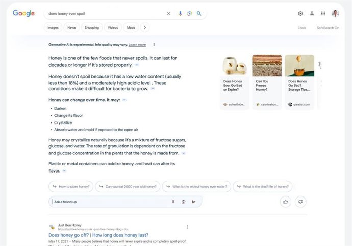 Interfaz de la experiencia generativa de búsqueda de Google