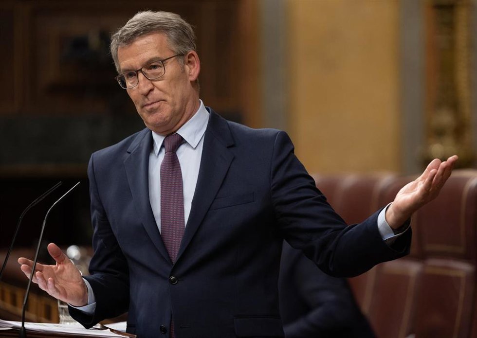El presidente del PP, Alberto Núñez Feijóo, interviene durante una sesión plenaria, en el Congreso de los Diputados, a 22 de mayo de 2024, en Madrid (España). El presidente del Ejecutivo comparece hoy en el Congreso para tratar el último Consejo Europeo