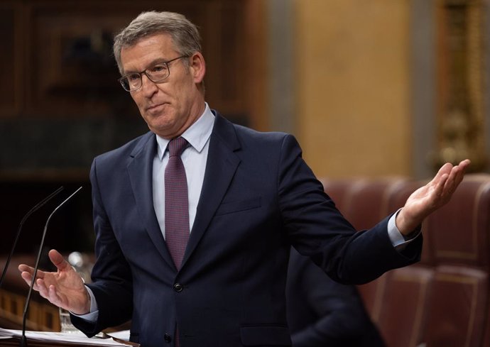 El presidente del PP, Alberto Núñez Feijóo, interviene durante una sesión plenaria, en el Congreso de los Diputados, a 22 de mayo de 2024, en Madrid (España). El presidente del Ejecutivo comparece hoy en el Congreso para tratar el último Consejo Europeo, 