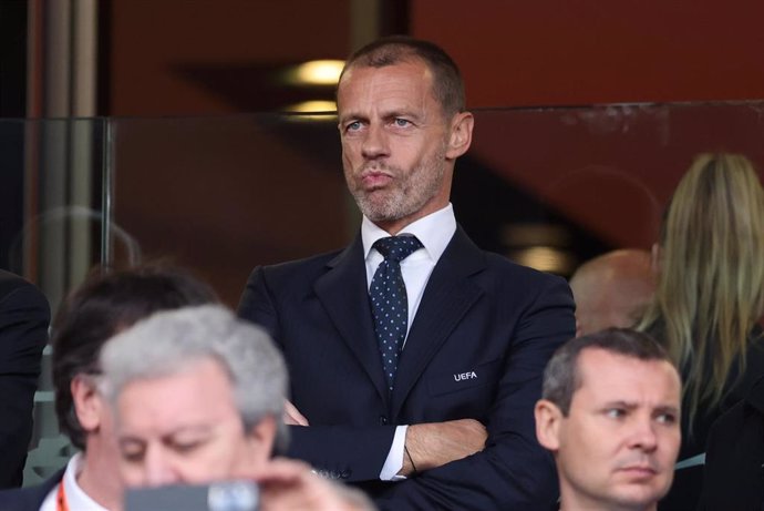 El presidente de la UEFA, Aleksander Ceferin, en el palco de la final de la Liga Europa entre el Atalanta Bérgamo y el Bayer Leverkusen en el Aviva Stadium de Dublín.