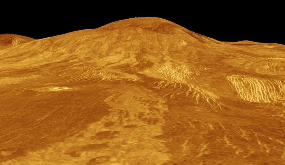 Este modelo 3D generado por computadora de la superficie de Venus muestra el volcán Sif Mons, que muestra signos de actividad continua.