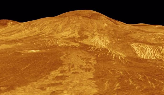 Este modelo 3D generado por computadora de la superficie de Venus muestra el volcán Sif Mons, que muestra signos de actividad continua.