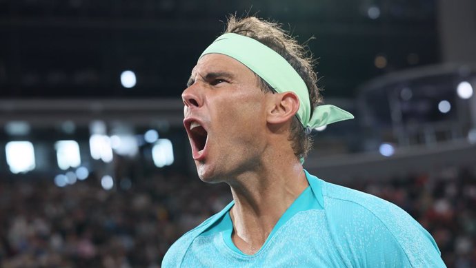 27 May 2024, France, Paris: Spanish tennis player Rafael Nadal celebrates a point against Germany's Alexander Zverev during their men's singles match of the French Open tennis tournament at the Roland Garros Complex in Paris. Photo: Benoit Doppagne/Belga/