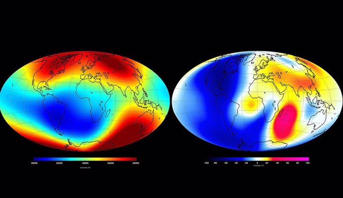 Cambios en el campo magnético global de la Tierra durante seis meses en 2014, medidos por la constelación de tres satélites Swarm de la Agencia Espacial Europea.