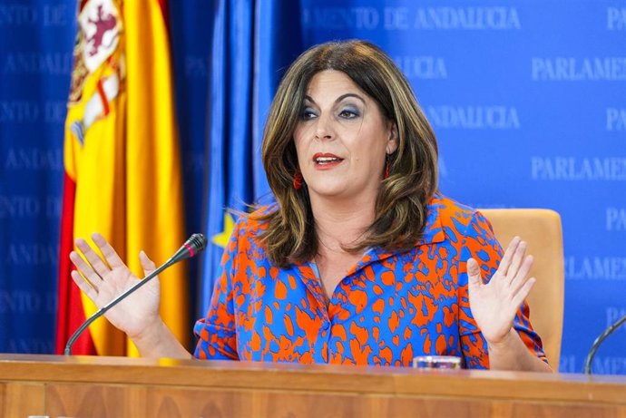 La portavoz del Grupo Parlamentario Socialista, Ángeles Férriz, durante la ronda de ruedas de prensa de portavoces de los grupos parlamentarios en el Parlamento de Andalucía, a 28 de mayo de 2024 en Sevilla (Andalucía, España). Los portavoces de los gru