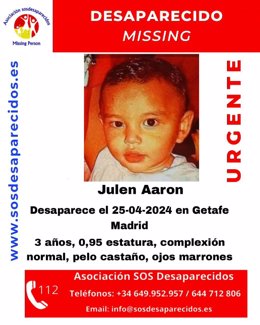 Alertan de la desaparición de un bebé de 3 años desde hace u mes en Getafe