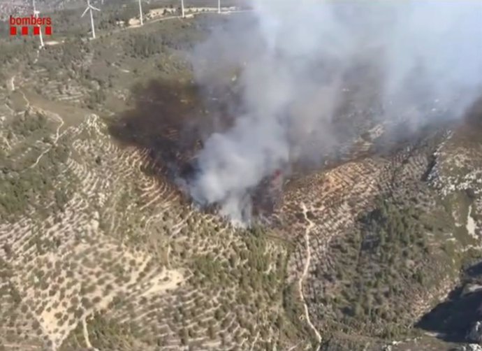 Imatge aèria de l'incendi al coll de l'Alba de Tortosa (Tarragona)