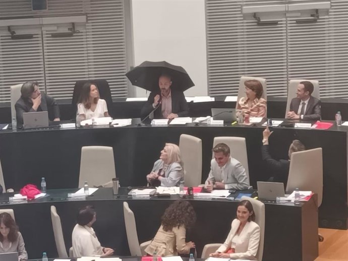 El concejal del PSOE Ignacio Benito con un paraguas negro en el Pleno de Cibeles