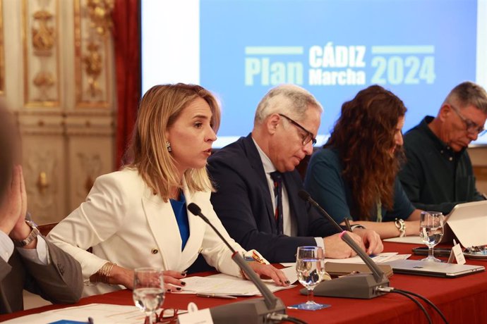 La presidenta de la Diputación, Almudena Martínez, presentando a los alcaldes el Plan Cádiz Marcha.