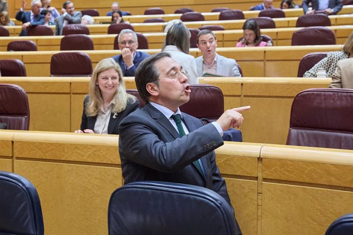 El ministro de Asuntos Exteriores, Unión Europea y Cooperación, José Manuel Albares, interviene durante una sesión de Control en el Senado, a 7 de mayo de 2024, en Madrid (España). Durante la sesión, se han abordado cuestiones como la ejecución de la cons