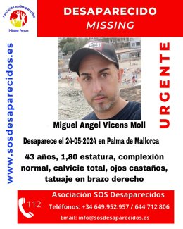 Fotografía del hombre desaparecido en Palma desde el viernes.
