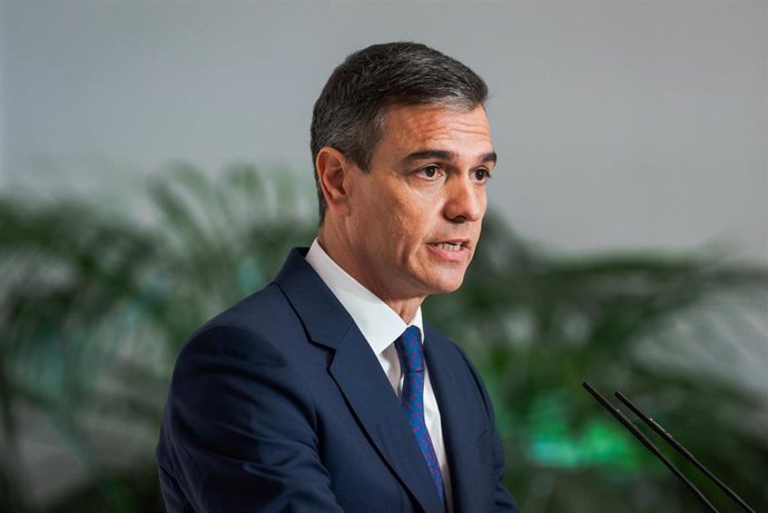 May 27, 2024, Madrid, Spain: The Prime Minister of Spain Pedro Sanchez, speaks during a press conference at the Moncloa Palacen in Madrid. Spain and Ukraine sign a bilateral security agreement: ''Defense, security, peace, and reconstruction are our priori