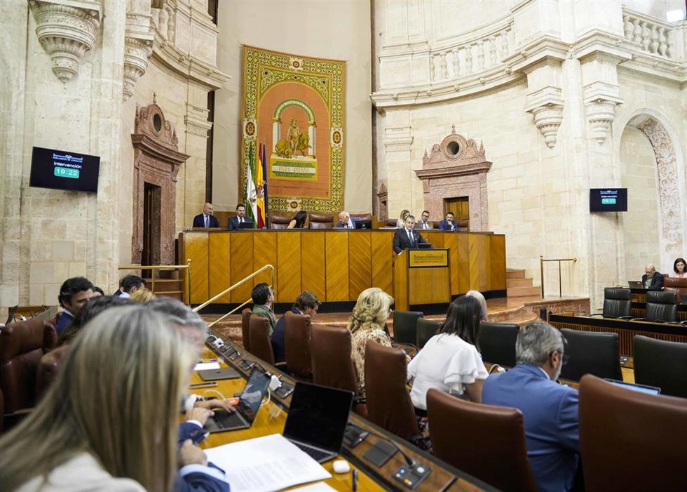 El consejero de la Presidencia, Interior, Diálogo Social y Simplificación Administrativa, Antonio Sanz, comparece en el Pleno del Parlamento andaluz.