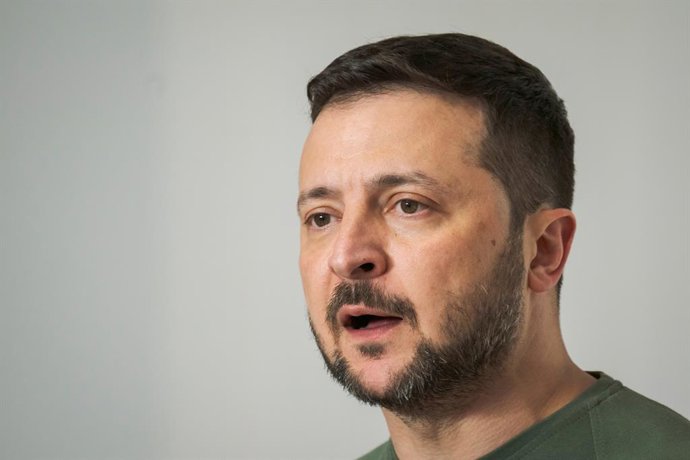 May 27, 2024, Madrid, Spain: President of Ukraine, Volodymyr Zelenskyy, speaks during a press conference at the Moncloa Palace in Madrid. Spain and Ukraine sign a bilateral security agreement: ''Defense, security, peace, and reconstruction are our priorit