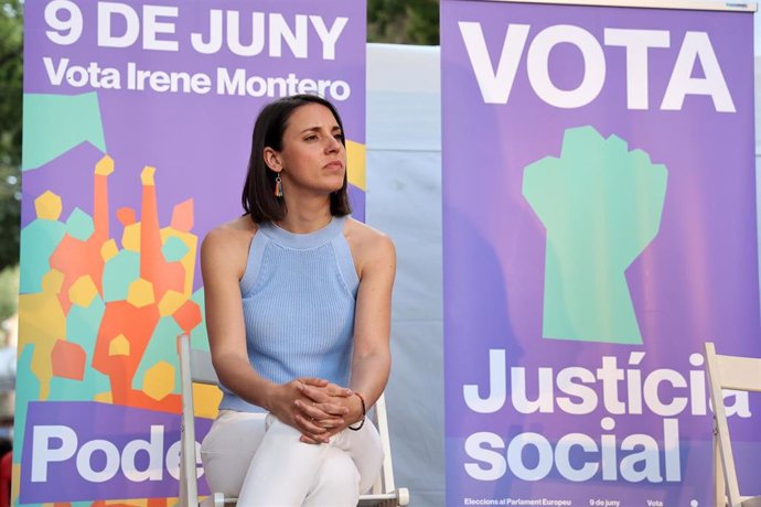 La candidata de Podemos a las elecciones europeas, Irene Montero, durante un acto de campaña del partido, en la Plaça Santa Pagesa, a 28 de mayo de 2024, en Palma de Mallorca, Mallorca, Baleares (España). Este acto se enmarca en la campaña electoral de Po