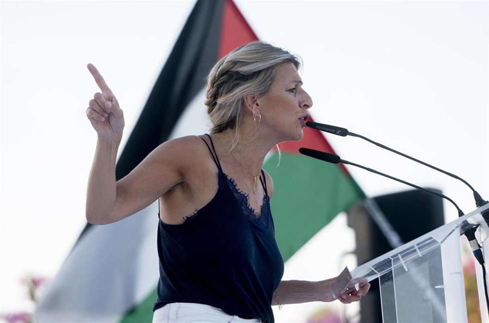 La líder de Sumar y vicepresidenta segunda y ministra de Trabajo y Economía Social, Yolanda Díaz, durante un acto por Palestina