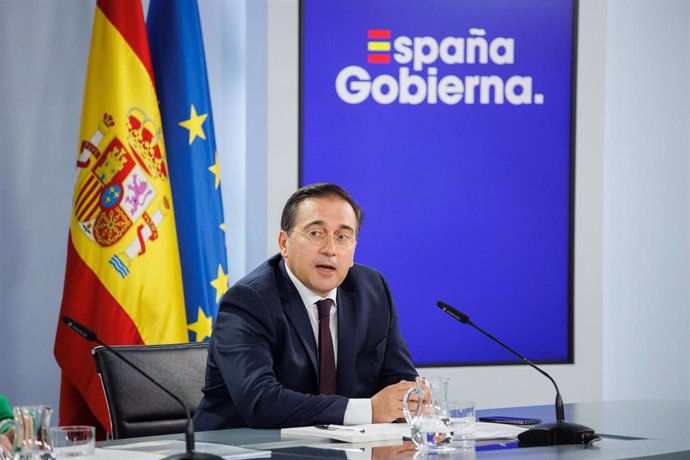 El ministro de Asuntos Exteriores, Unión Europea y Cooperación, José Manuel Albares, durante una rueda de prensa posterior a la reunión del Consejo de Ministros, a 21 de mayo de 2024, en Madrid (España).