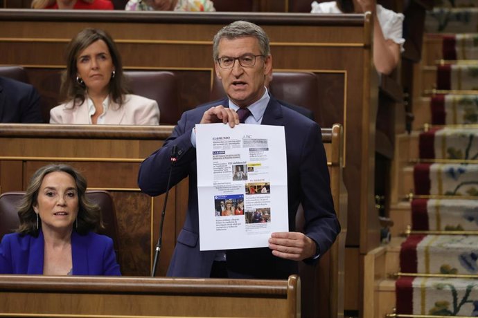 El líder del PP, Alberto Núñez Feijóo, interviene durante la sesión de control al Gobierno, en el Congreso de los Diputados, a 29 de mayo de 2024, en Madrid (España). Durante la sesión de control, la última antes de las elecciones europeas del próximo 9