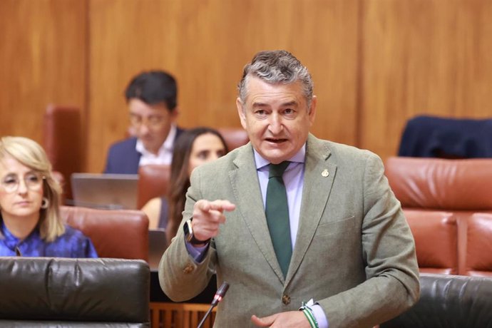 El consejero de la Presidencia, Interior, Diálogo Social y Simplificación Administrativa, Antonio Sanz, en el Pleno del Parlamento andaluz.