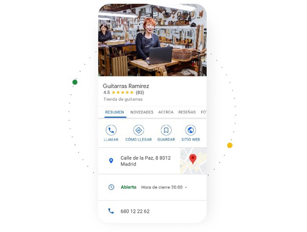 Ejemplo de perfil de empresa que se muestra en el Buscador y en Maps