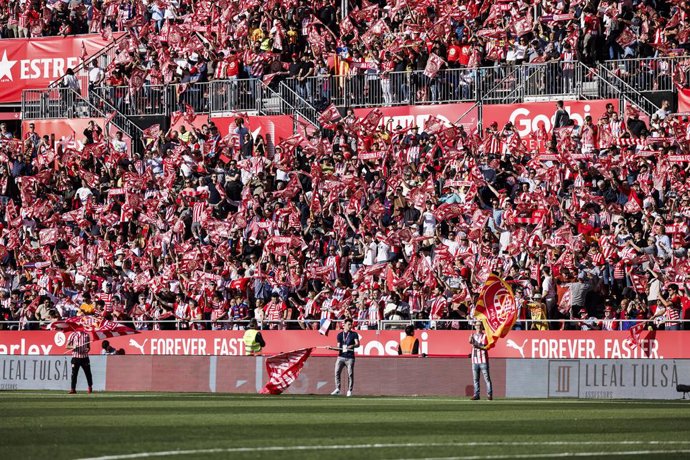 Suportters of Girona FC are seen celebrate qualification for the Champions League during the Spanish league, La Liga EA Sports, football match played between Girona FC and FC Barcelona at Estadio de Montilivi on May 04, 2024 in Girona, Spain.