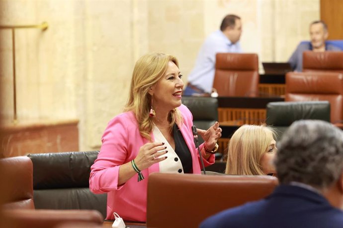 La consejera de Economía, Hacienda y Fondos Europeos, Carolina España, en el pleno del Parlamento andaluz