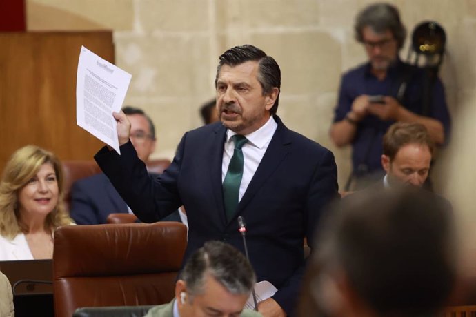 El portavoz del Grupo Popular, Toni Martín, este miércoles en el Plenoi del Parlamento durante su pregunta al presidente de la Junta, Juanma Moreno.