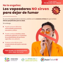 Cartel de la campaña del Consejo Andaluz de Colegios Oficiales de Farmacéuticos con motivo del Día Mundial Sin Tabaco.