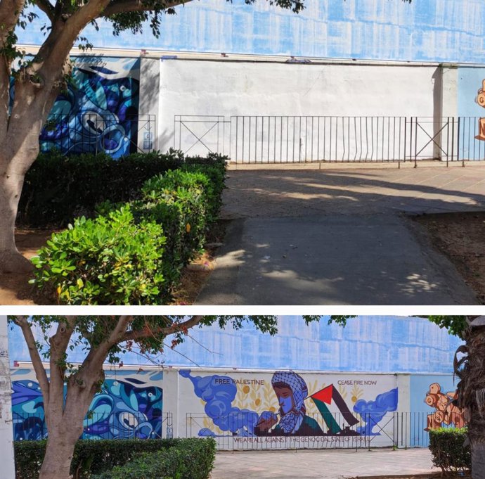 Imatge del mural baix; dalt, una vegada pintat