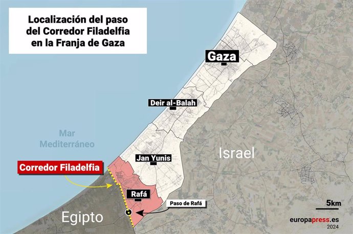 Localización del corredor Filadelfia de Rafá, en la frontera con Egipto