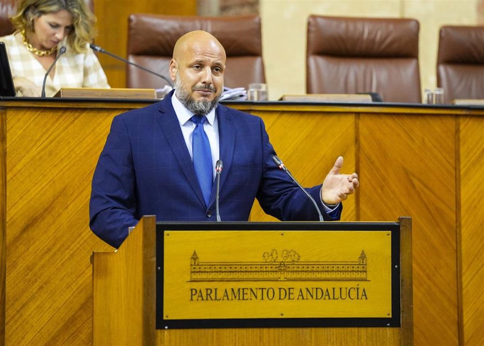 El portavoz adjunto del Grupo Vox en Andalucía, Rodrigo Alonso, este miércoles en el Pleno del Parlamento en defensa de la PNL sobre el sector primario.
