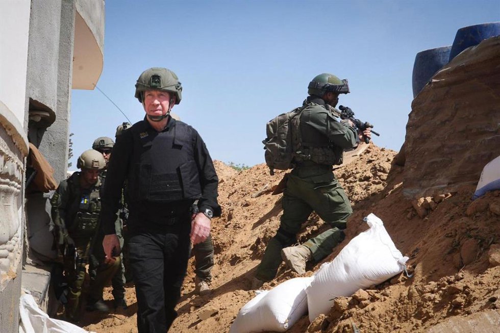 May 26, 2024, Rafah District, Israel: Israeli Minister of Defense YOAV GALLANT (black) visits troops in Rafah where he held operational situational assessments, was briefed on the troops' operations above and below the ground, as well as the deepening o