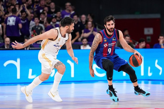 Ricky Rubio of FC Barcelona and Facundo Campazzo of Real Madrid in action during the Spanish League, Liga ACB Endesa, Semifinal 1 basketball match played between Real Madrid and FC Barcelona at Wizink Center pavilion on May 29, 2024 in Madrid, Spain.