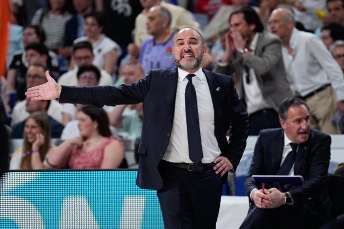 Chus Mateo, head coach of Real Madrid, protests during the Spanish League, Liga ACB Endesa, Semifinal 1 basketball match played between Real Madrid and FC Barcelona at Wizink Center pavilion on May 29, 2024 in Madrid, Spain.