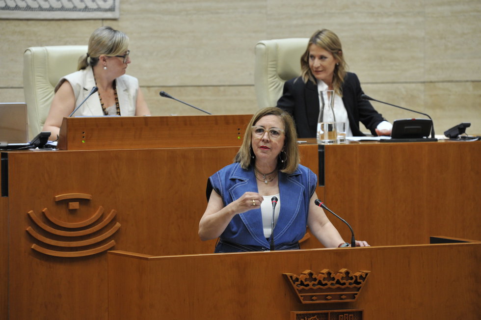 Blanca Martín y Elena Nevado, en la Mesa de la Asamblea, durante la comparecencia de Mercedes Morán.