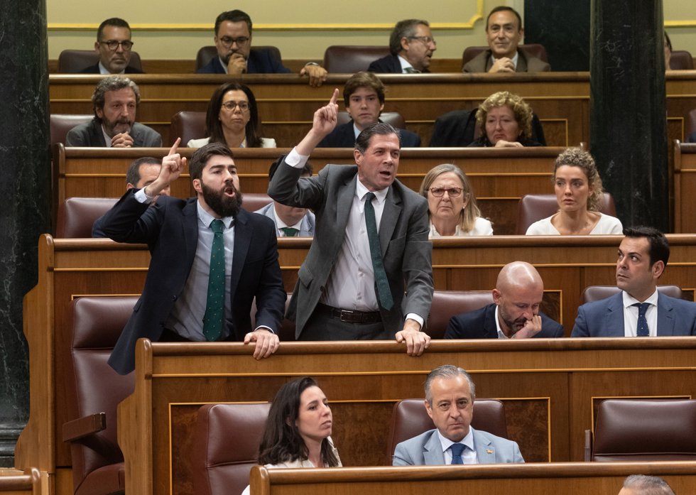 Los diputados de VOX Manuel Mariscal (i) y Pedro Fernández (d) responden a un diputado del PSOE, durante un pleno en el Congreso de los Diputados, a 30 de mayo de 2024, en Madrid (España).