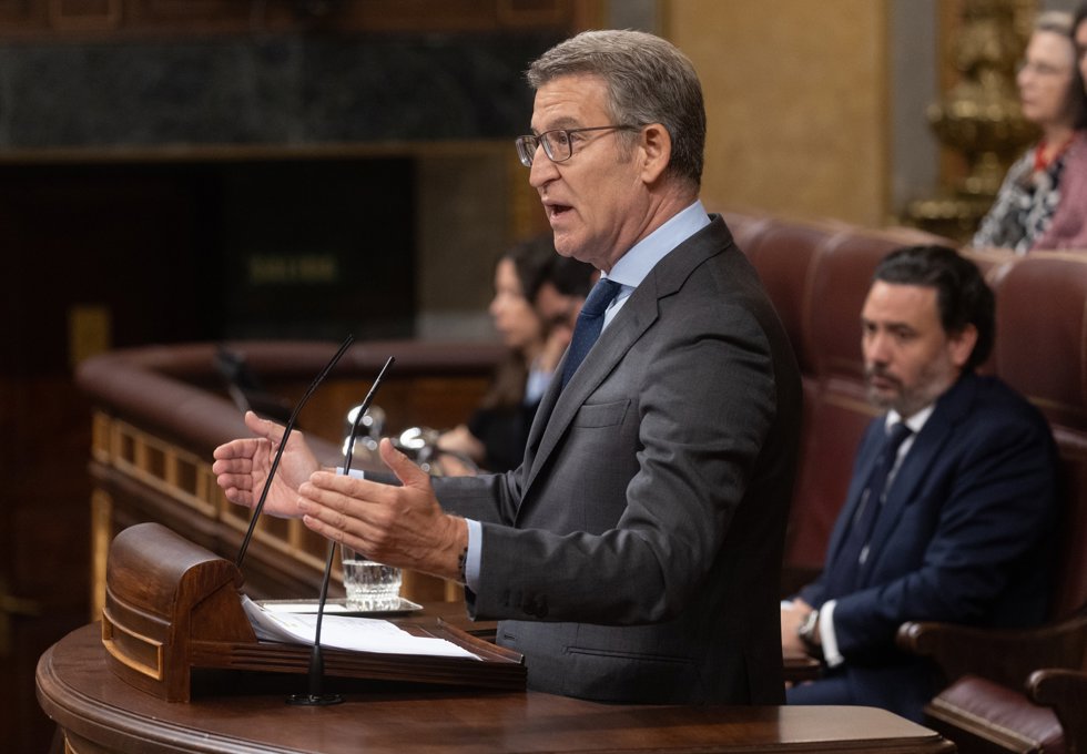 El líder del PP, Alberto Núñez Feijóo, interviene durante un pleno en el Congreso de los Diputados, a 30 de mayo de 2024, en Madrid (España).