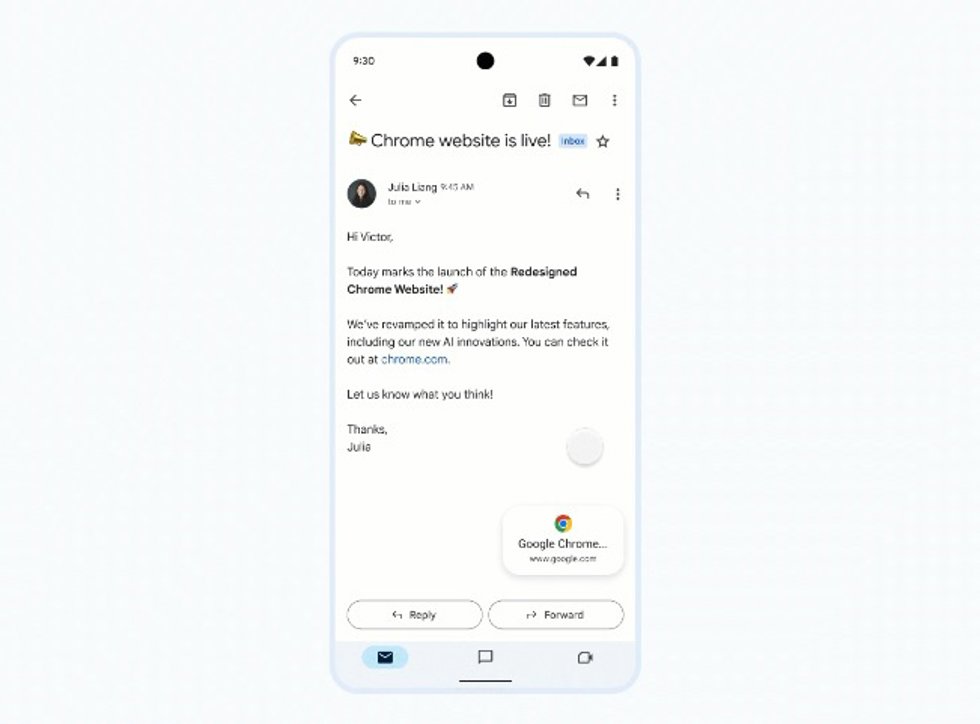 Pestaña de Chrome visible como ventana emergente en la aplicación Gmail