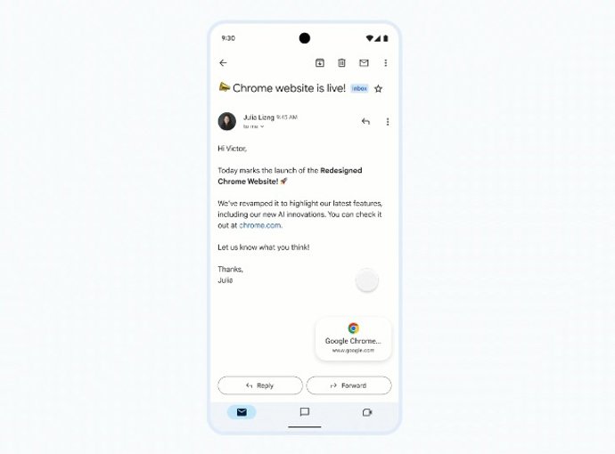 Pestaña de Chrome visible como ventana emergente en la aplicación Gmail