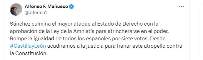 Captura del mensaje contra la Ley de Amnistía publicado por Mañueco en 'X'