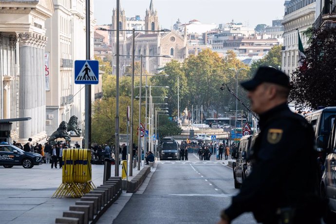 Archivo - Un agente de Policía durante una manifestación contra la investidura de Pedro Sánchez el día en que se celebra en el Congreso de los Diputados el pleno en el que se le nombrará de nuevo presidente, a 15 de noviembre de 2023, en Madrid (España). 