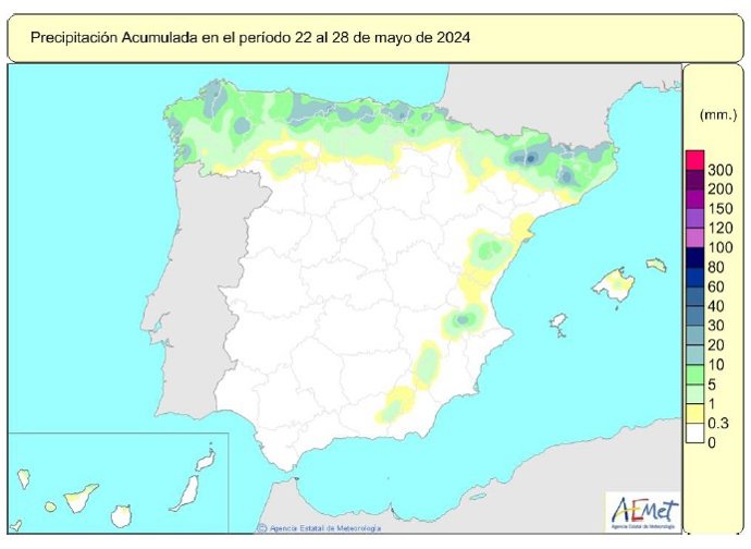Las lluvias acumuladas desde octubre en España caen dos puntos en una semana y están un 4% por encima de su valor normal.