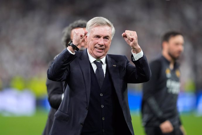 Carlo Ancelotti, head coach of Real Madrid, celebrate the 2-1 victory and the pass to the Final during the UEFA Champions League, Semi Final Second Leg, football match played between Real Madrid and FC Bayern Munich at Santiago Bernabeu stadium on May 08,