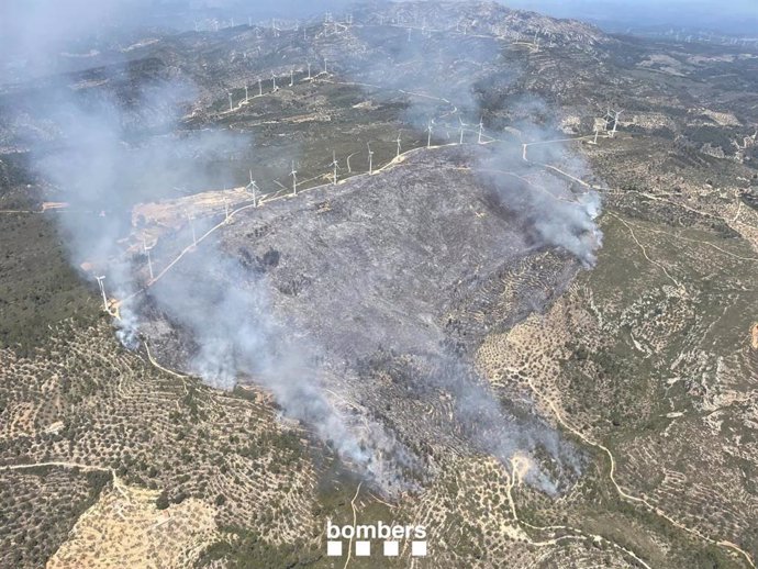 Imatge aèria de l'incendi del Coll de l'Alba a Tortosa (Tarragona) a les 14.30 hores del dimarts