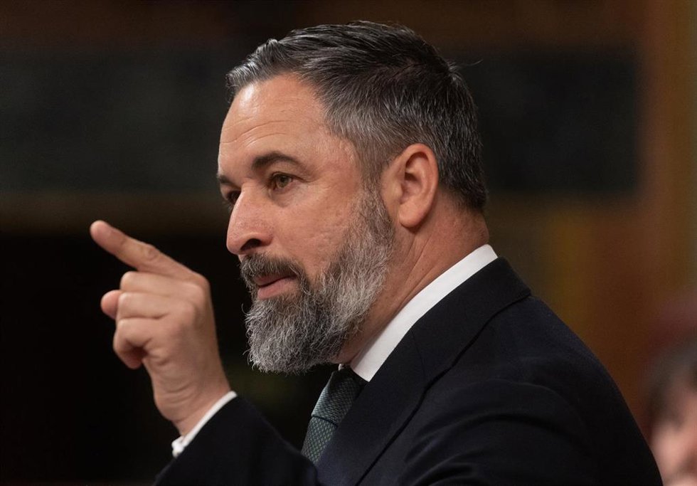 El líder de VOX, Santiago Abascal, interviene durante un pleno en el Congreso de los Diputados, a 30 de mayo de 2024, en Madrid (España). La Ley de Amnistía afronta hoy en el Pleno del Congreso su última votación parlamentaria, en la que se necesita may