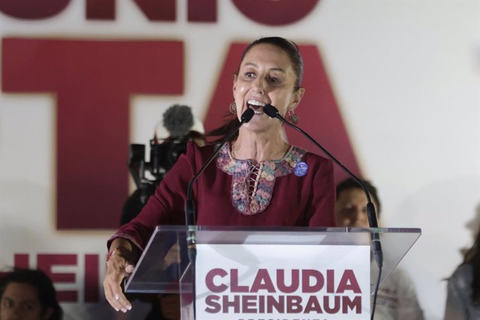 Claudia Sheinbaum Pardo, Mexico's Presidential candidate by â€Juntos Hagamos Historia' alliance speaking during a rally campaign event heading to the elections at Benito Juárez mayor office esplanade. on May 22, 2024 in Mexico City, Mexico.